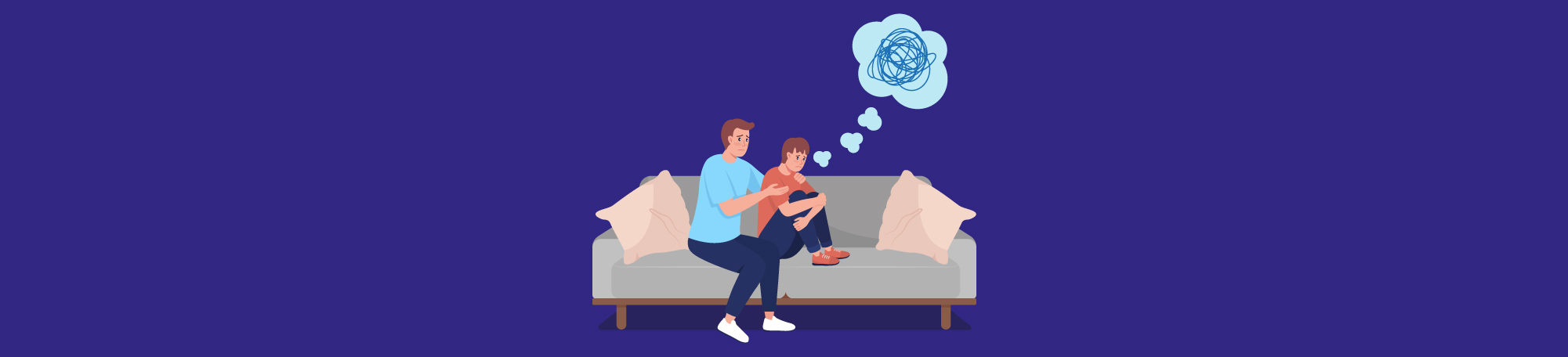 An illustration of a man consoling young child having a mental health crisis.