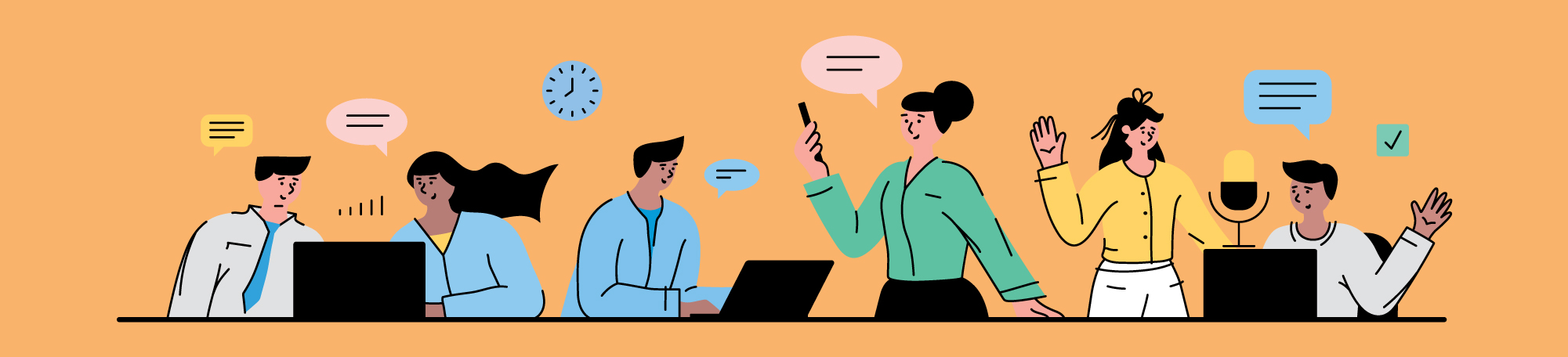 An illustration of people having conversations with eachother.