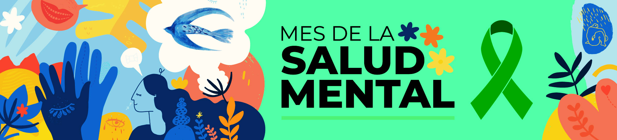 Una bella ilustración de una mujer en estado de pura alegría mental. Texto: Mes de la Salud Mental