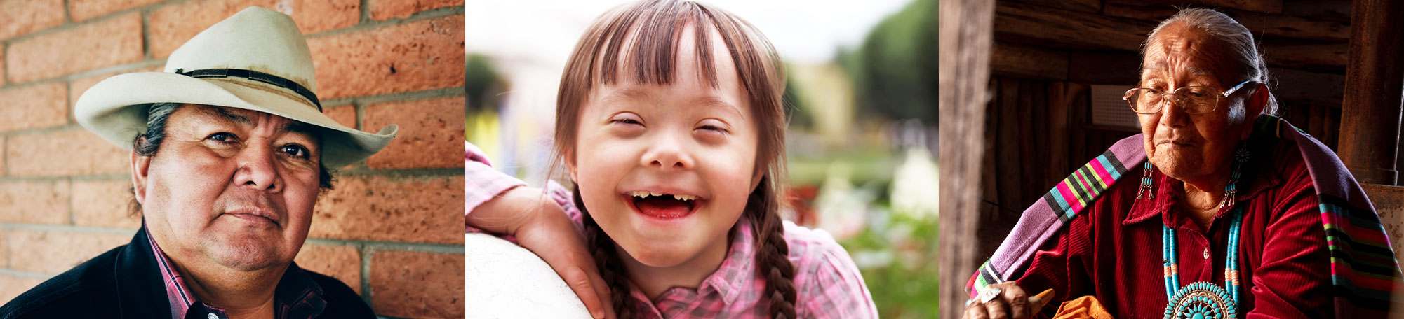 Collage of 3 pictures, left being of a Navajo man wearing a cowboy hat, center is of a smiling native American girl with down syndrome, right has a Navajo woman weaving fabric.