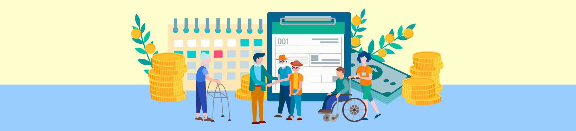 Graphic illustration of several people with disabilities getting proper assistance from their payee representative.