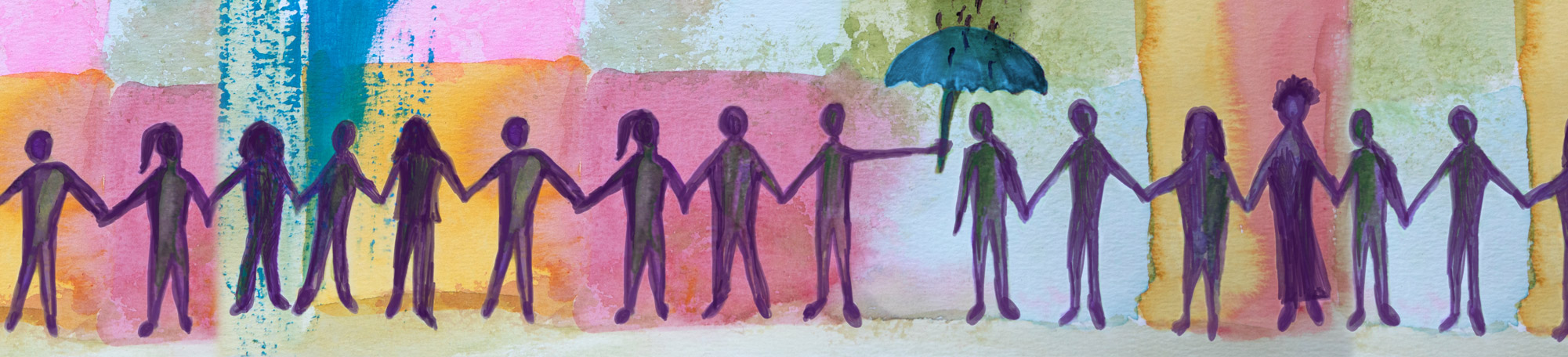 Abstract illustration of people in a row hand in hand. One person is holding a umbrella over one of them.