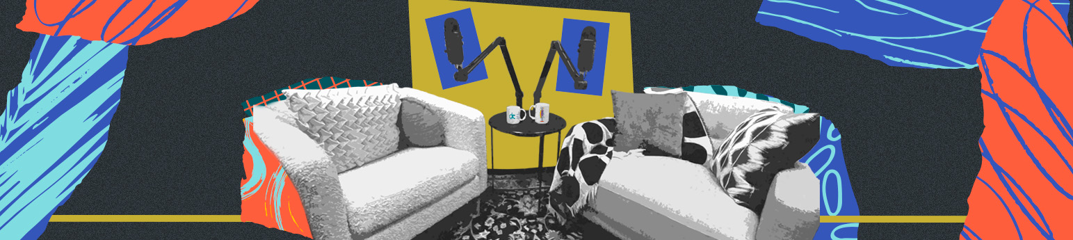 A black and white photo of DRC's podcast room, with 2 1-seat sofas, a table with two mugs, one has DRC's logo and the other with Lady Justice both in color, and two podcast microphones. The background of the image in a dark grainy texture with orange and blue shapes boarding the banner.