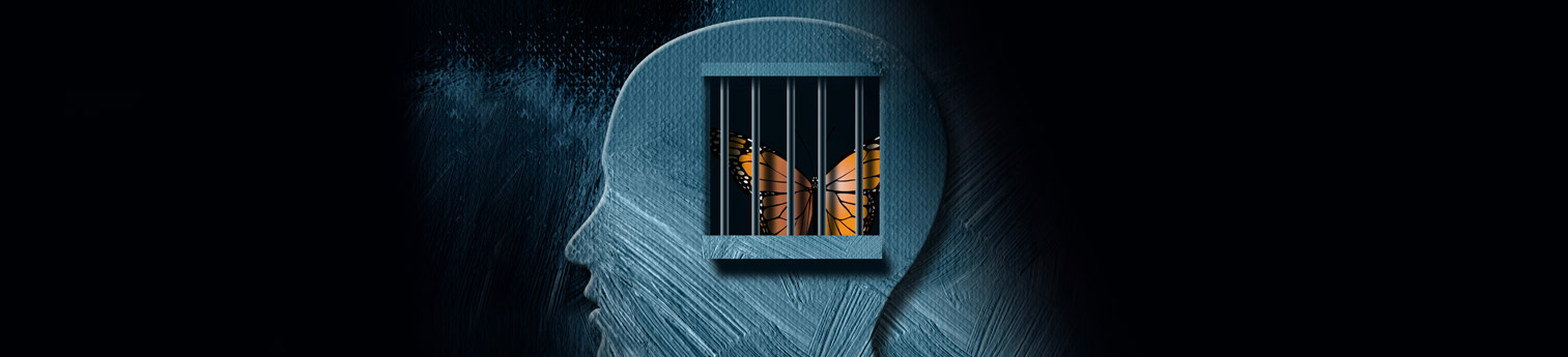 Image of a person mind. Inside is a butterfly trying to get out of a cage.