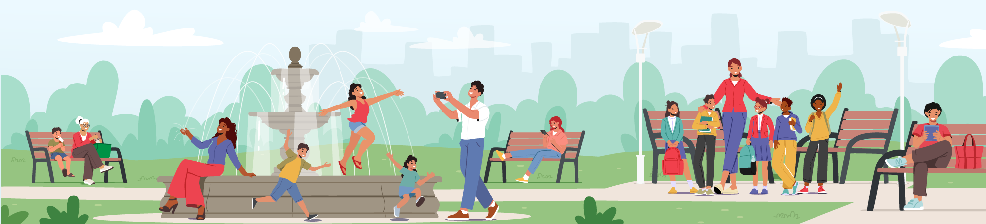 A colorful illustration of smiling foster youth enjoying them selves at a park with their care providers.