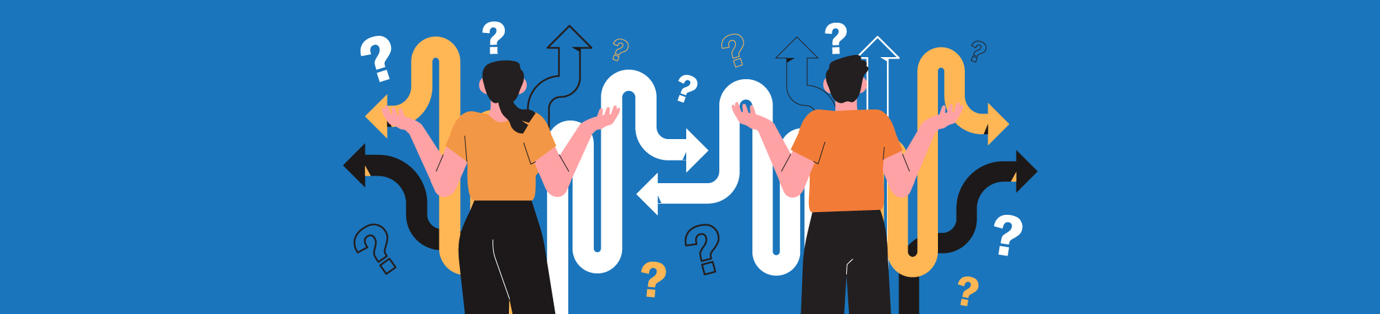 An abstract illustration of two people deciding on which career path they should go on.