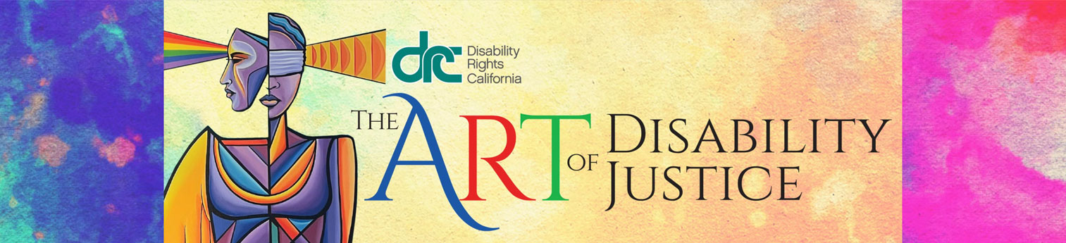 Banner showing the head of DRC's lady justice mural with the text: The Art of Disability Justice