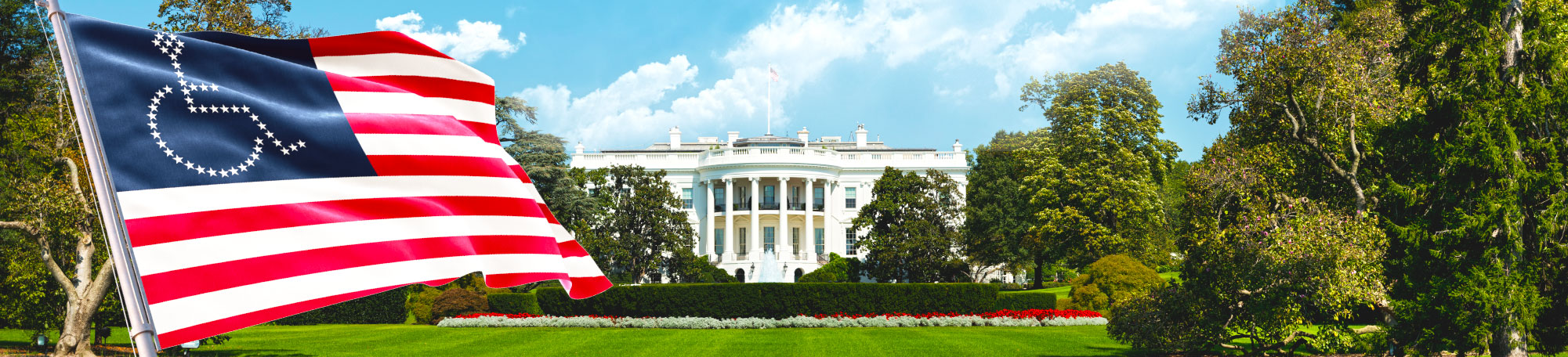 A photo of the white house with the international ADA flag waving in the foreground.