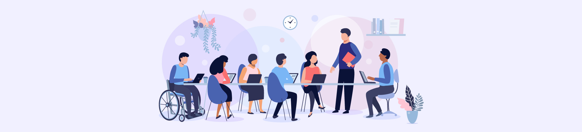 A graphic illustration of diverse employees with disabilities sitting around a conference table working on a project.