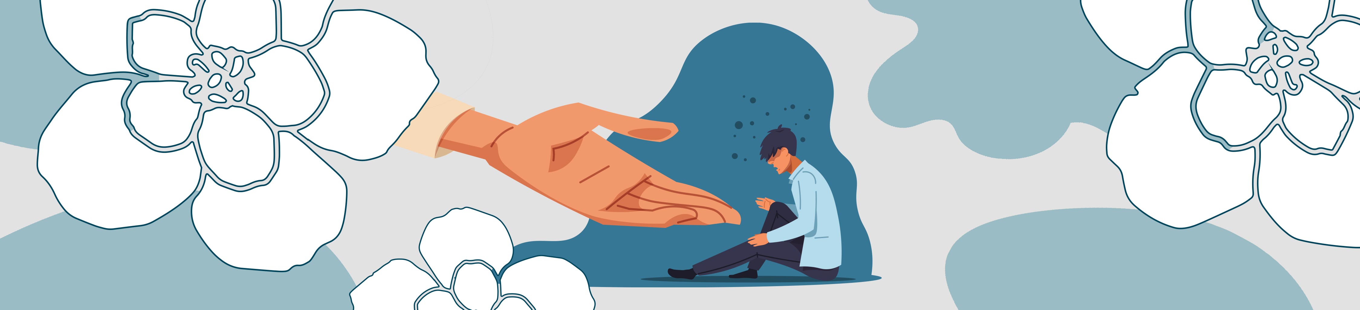 Illustration of a depressed man being offered a hand up.
