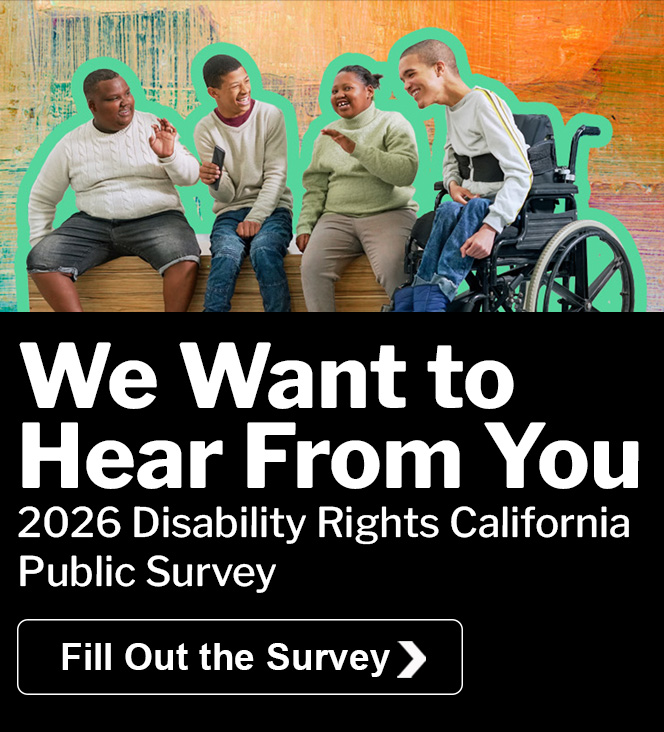 Cheerful teenage girl, teenage boys and young man all with different disabilities sitting together. An abstract texture in background.