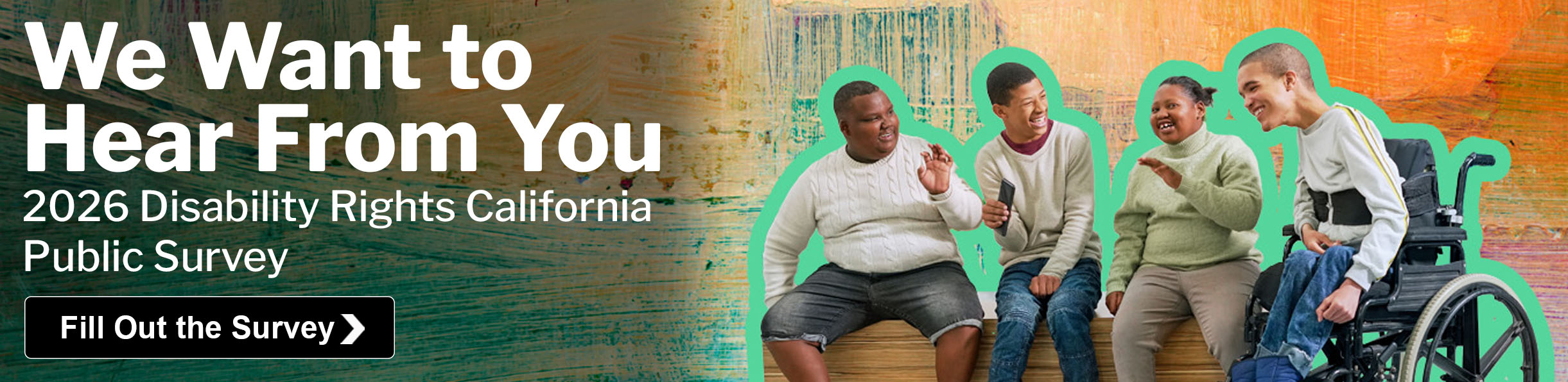 Cheerful teenage girl, teenage boys and young man all with different disabilities sitting together. An abstract texture in background.