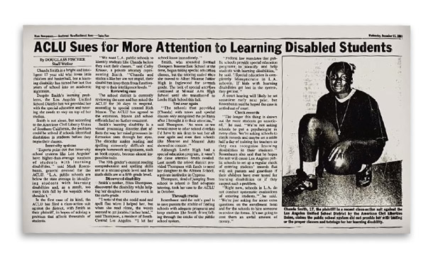 Image of a newspaper clipping. The article is talking about Chanda Smith. The headline of the article says, ACLU sues for more attention to learning disabled students.