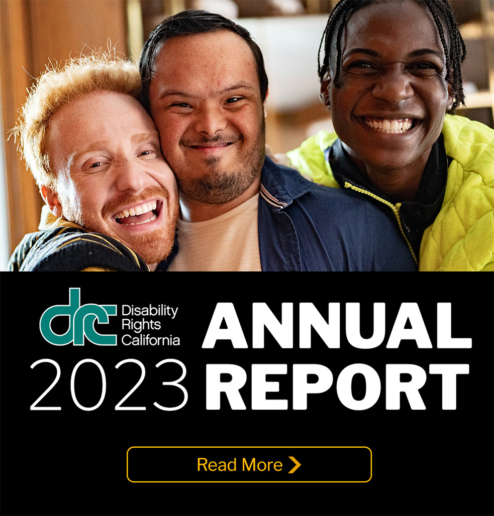 Text: DRC 2023 Annual Report. Photo: Three young men of different races and with different developmental disabilities together all smiling.