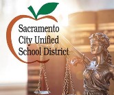 Logo for Sacramento City Unified School District overlayed over a photo of a bronze statue of Lady Justice.