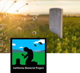 Photo of a lone stone monument in a large field of flowers with the sun setting behind it. The California Memorial Project logo is overlaid on top of image.