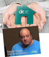 Two photos laying on top of each other. The top photo is a portrait of David Oster. The photo is close up of two open hands with a piece of paper in the shape of a house in them.
