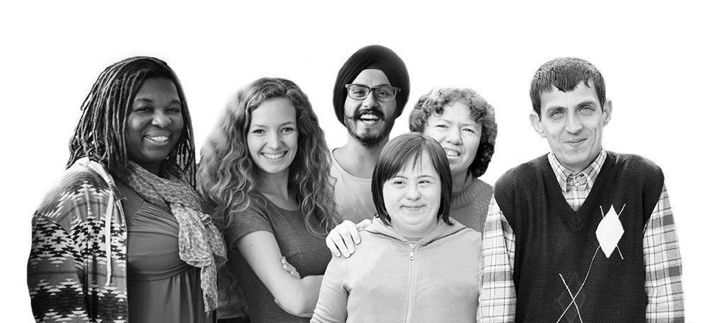 Photo of a group of people of different ethnic backgrounds. They also have different disabilities.