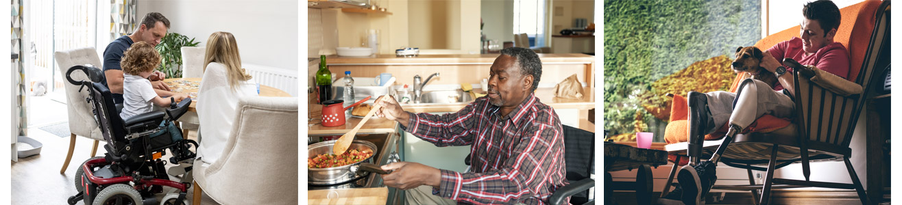 Three different images of people with a disability in an accessible home.