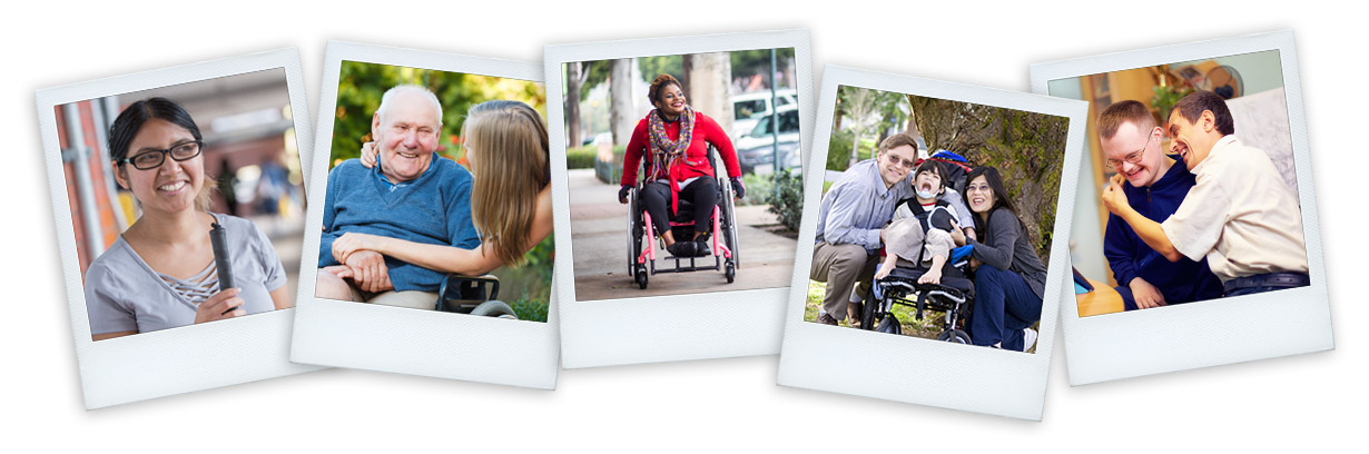 Several photos laying on top of each other. The photos show people of different ages and races who all have a disability.