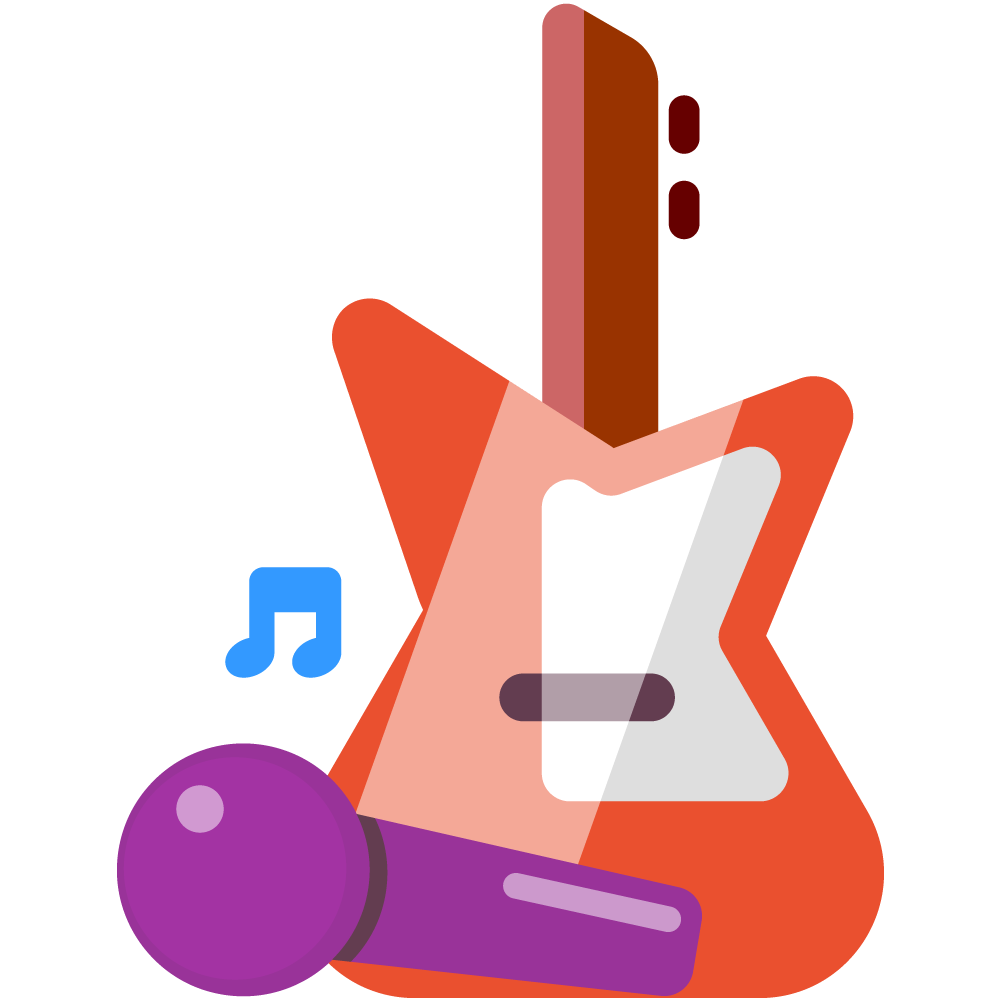 A pink microphone leaning up against a red guitar.