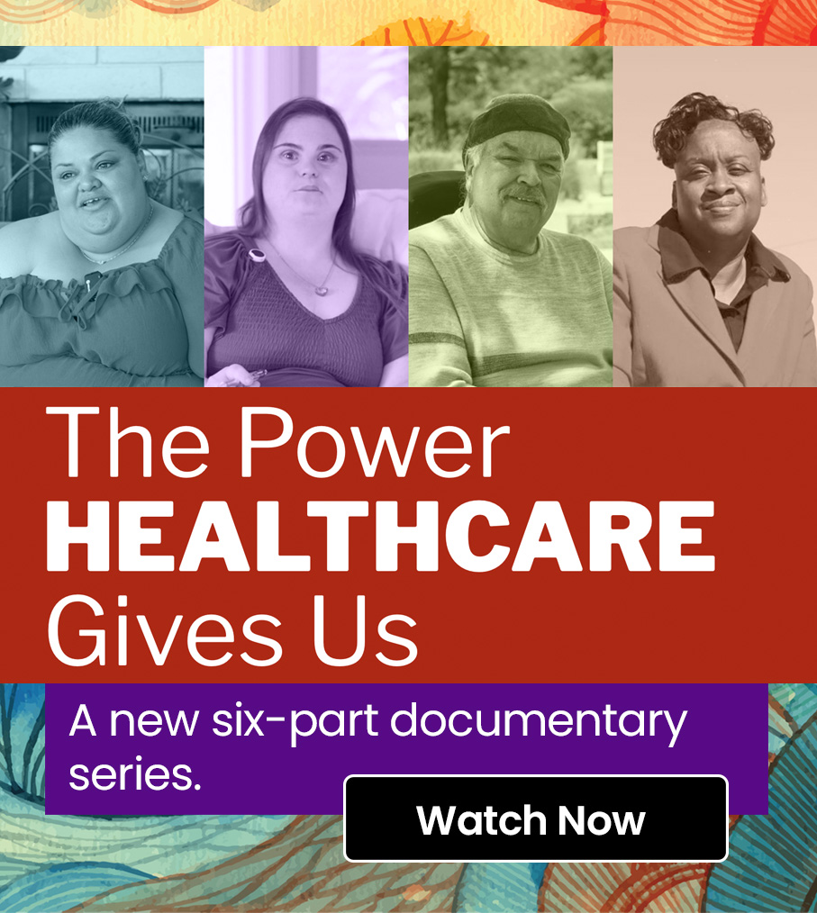 Text: The Power HEALTHCARE Gives Us. Photo: A abstract background with flowers showing portraits of four people who will be in the video series.