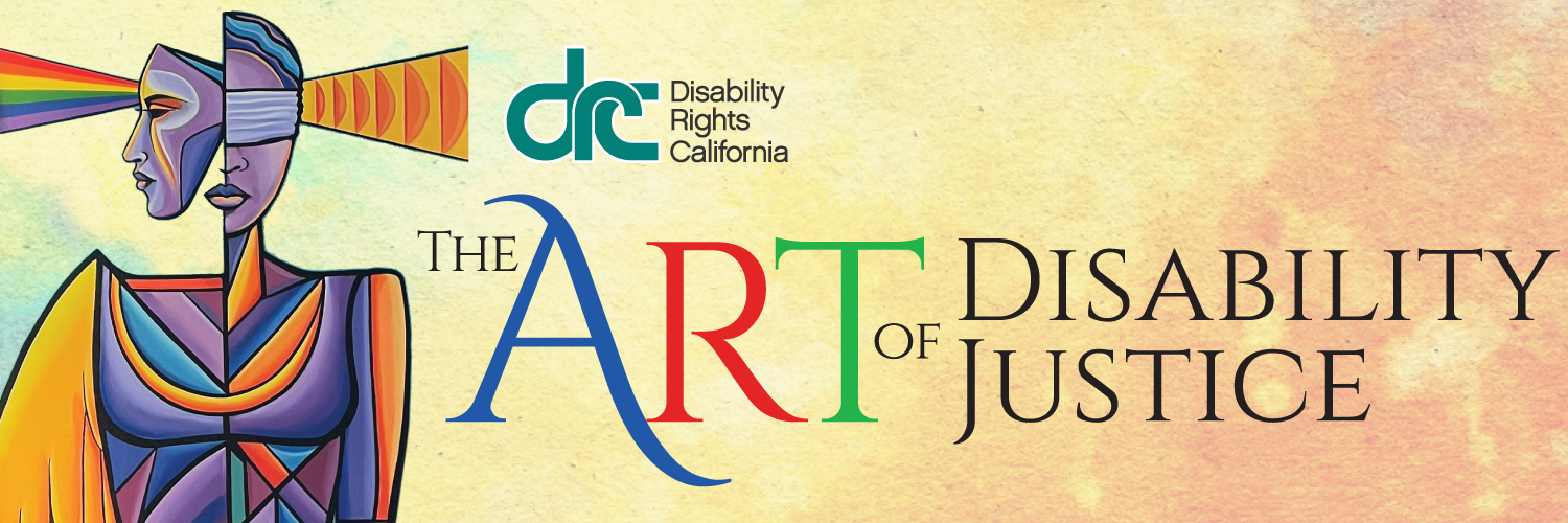Webpage banner of a colorfully abstract woman of Lady Justice. Text: The Art of Disability Rights