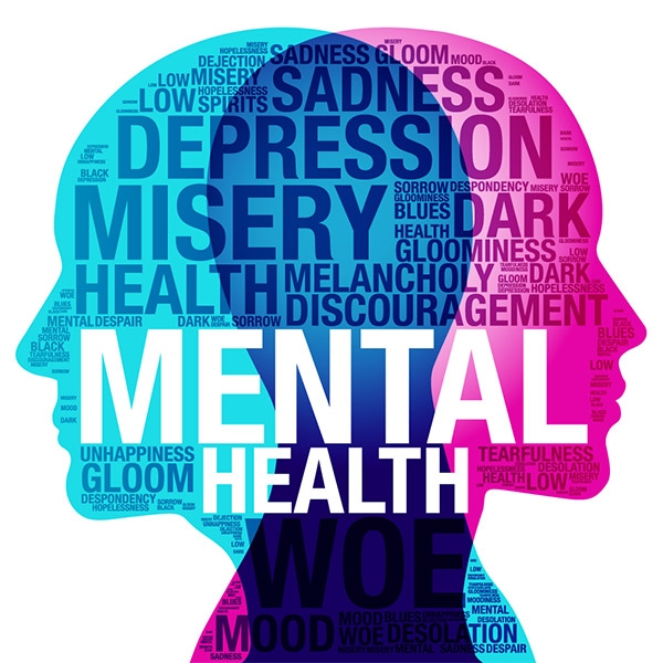 An illustration showing two opposing faces with the words Mental Health overlaid on top.