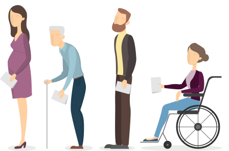 Illustration of four people in a line waiting to vote. The last person is a woman in a wheelchair.