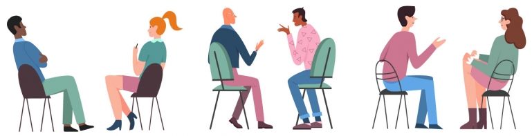 Illustration of 3 couples sitting down having conversations with each other.