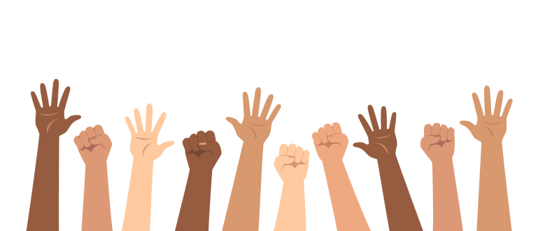 A graphic illustration of Black American hands raised in Support of black disabled rights.