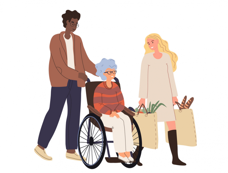 An illustration of three people, a person assisting an elder lady in a wheelchair and another person carrying groceries.