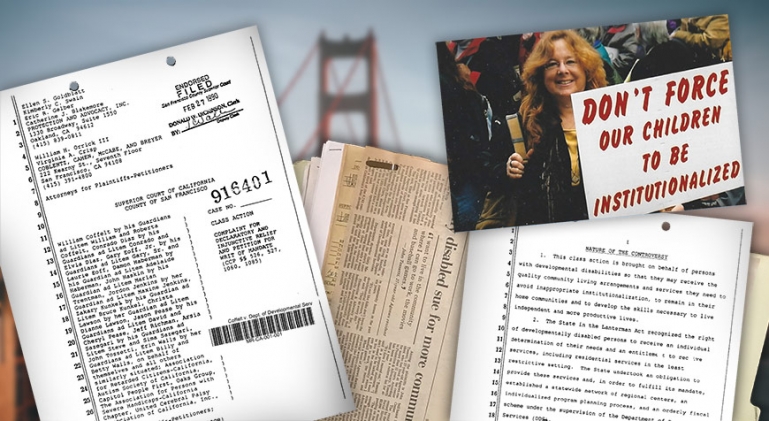 Photos of Colfelt vs DDS Court case papers. Small image of Goldblat holding a sign saying - Don't force our children to be institutionalized.