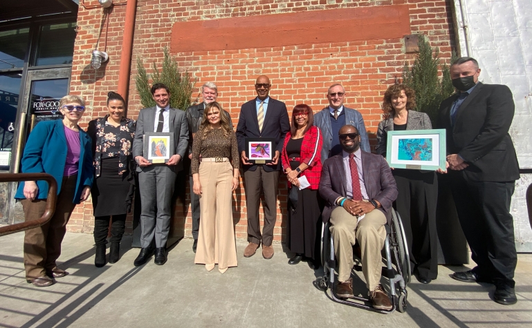 Group photo featuring (from left to right): DRC Senior Legislative Advocate Deb Roth, DRC Special Advisor Vanessa Ochoa, Legislative Aide to Assemblymember Holden Franklin Porter, Assemblymember Mark Stone, DRC Board Member Mariza Ochoa de Anzar, Assemblymember Chris Holden, DRC Board President Sandra Smith, DRC Executive Director Andy Imparato, DRC Director of Public Policy Eric Harris, Deputy Chief Counsel for Assembly Judiciary Committee Leora Gershenzon, and DRC Senior Legislative Advocate Greg Cramer.