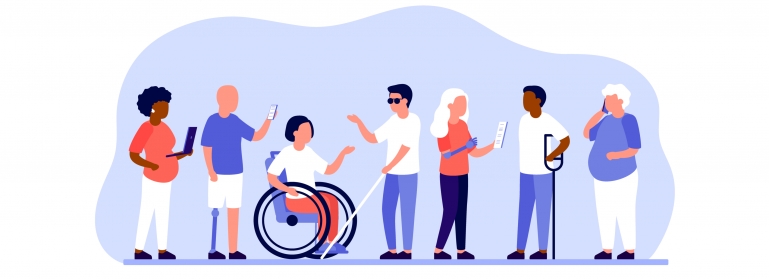 An illustration of a group of diverse people with disabilities working together.