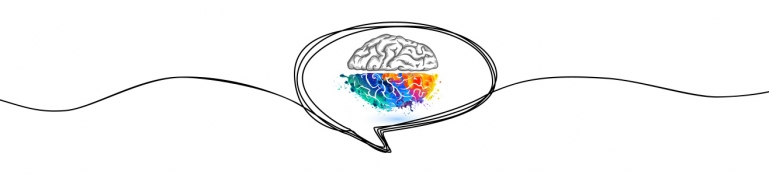 Image of a speech bubble and a illustrated human brain representing 1/2 as "normal" and the other 1/2 as "different".