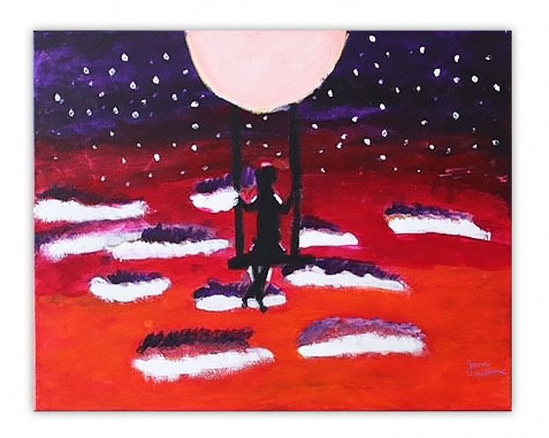 A painting of a shadowy figure sitting on a swing in the clouds looking up at a glowing pink moon.