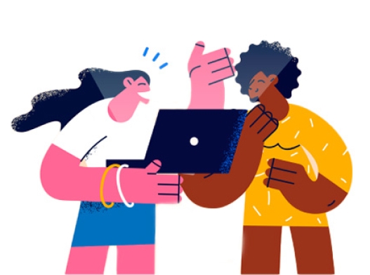 An Illustration of two diverse females sharing social media posts on a laptop.
