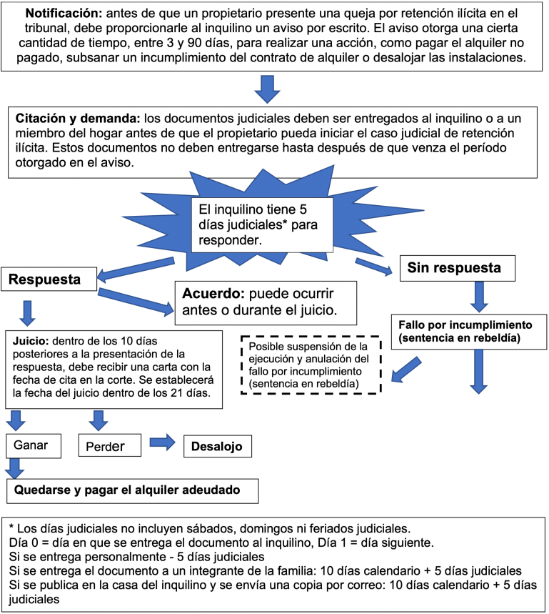 Esta imagen es un representante visual del diagrama de flujo del proceso de desalojo (retención ilícita). En la página siguiente se puede encontrar una versión narrativa y accesible de la misma información.