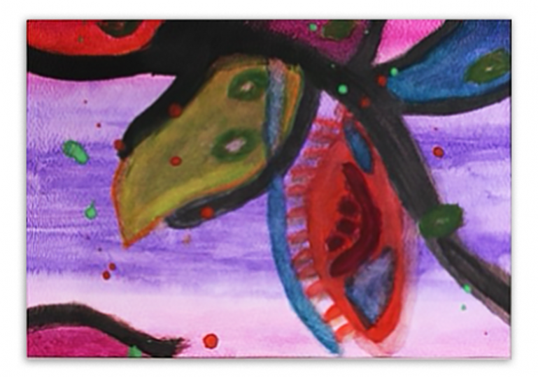 The Leaf Eye by Dan Chi Nguyen An abstract painting of a colorful leaf with eyes.