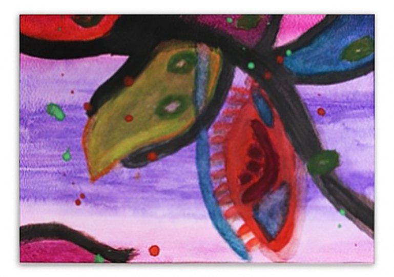 An abstract painting of a colorful leaf with eyes.