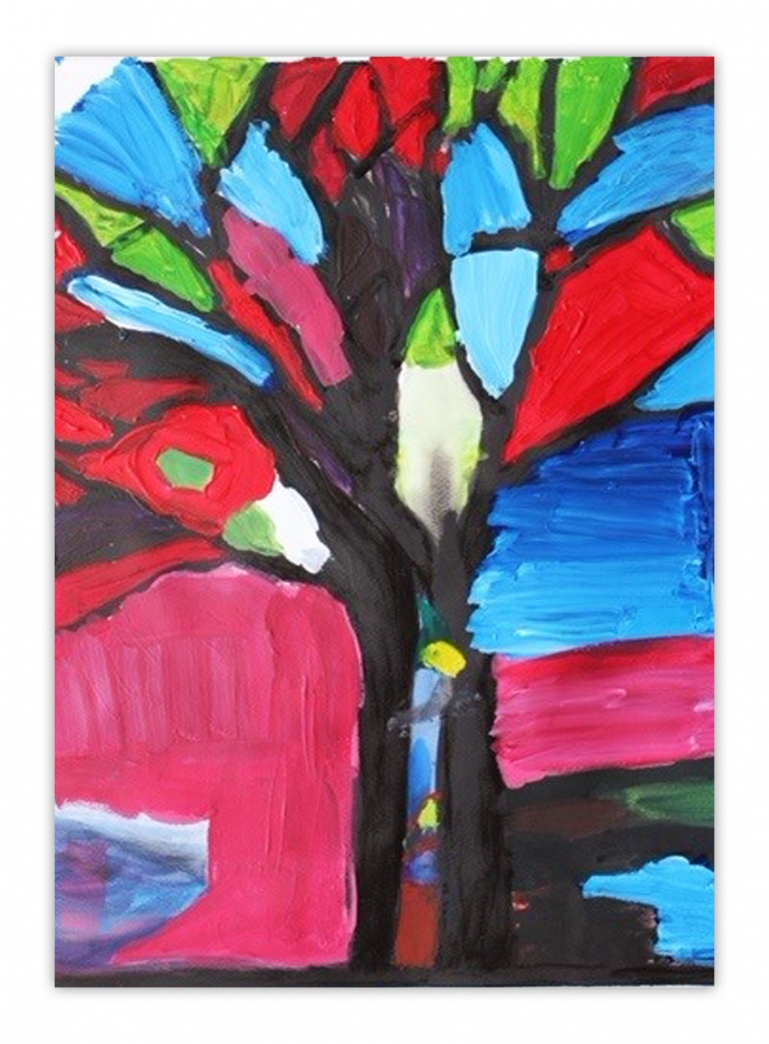 A painting of a vibrant 2D tree.