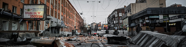 A war torn street in Ukraine.