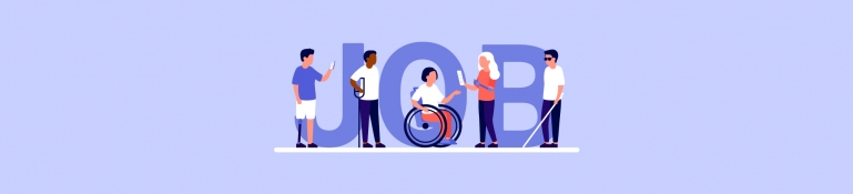 Pink and purple graphic of 5 disabled people standing in front of big purple letters spelling out the word 'JOB'.