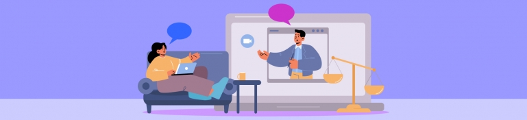 Illustration shows a woman receiving legal counsel over a video conference from a lawyer while lying on a couch.