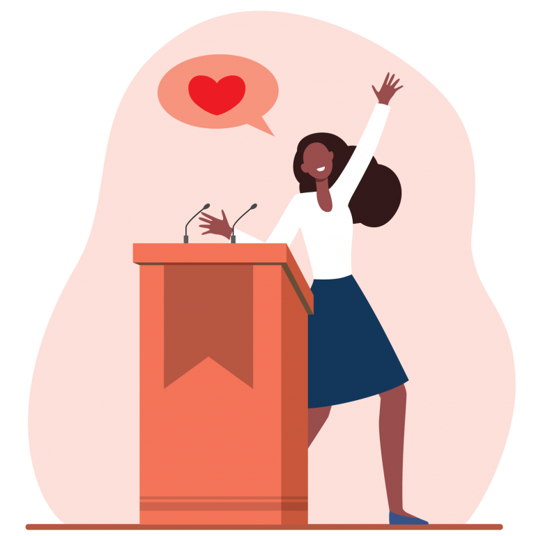 Graphic illustration of an African American woman being enthusiastic and the heart of the meeting while talking at a podium.