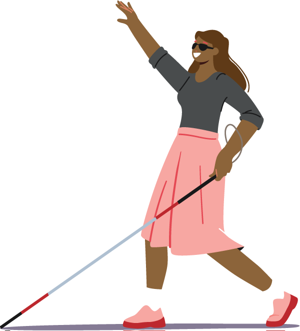 An illustration of a smiling black woman who is blind. She is using her cane.