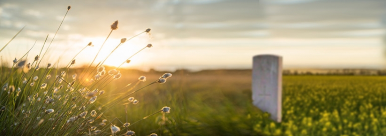 Photo of a lone tombstone in a grassy field as the sun sets.