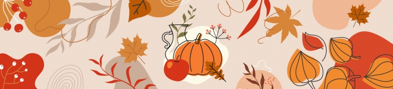 An abstract illustration of cozy fall leaves, and pumpkins.