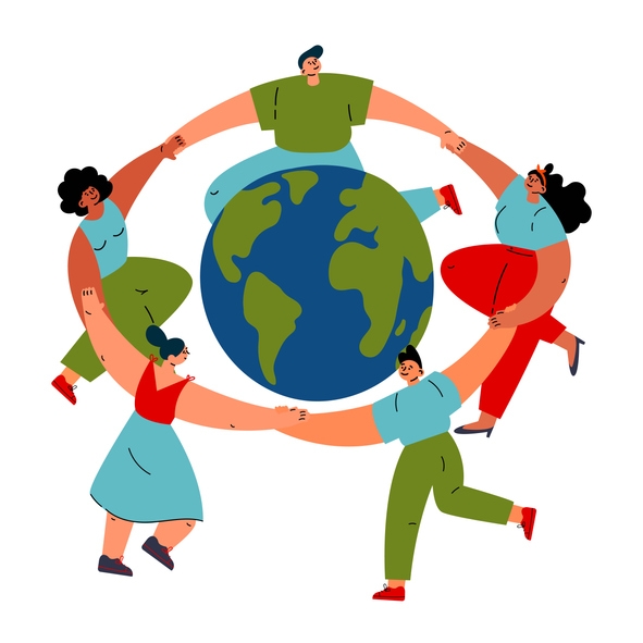 Group of different young women and man dancing around the Earth globe, holding hands.